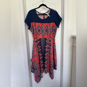 Elegant Navy and Red Patterned Dress